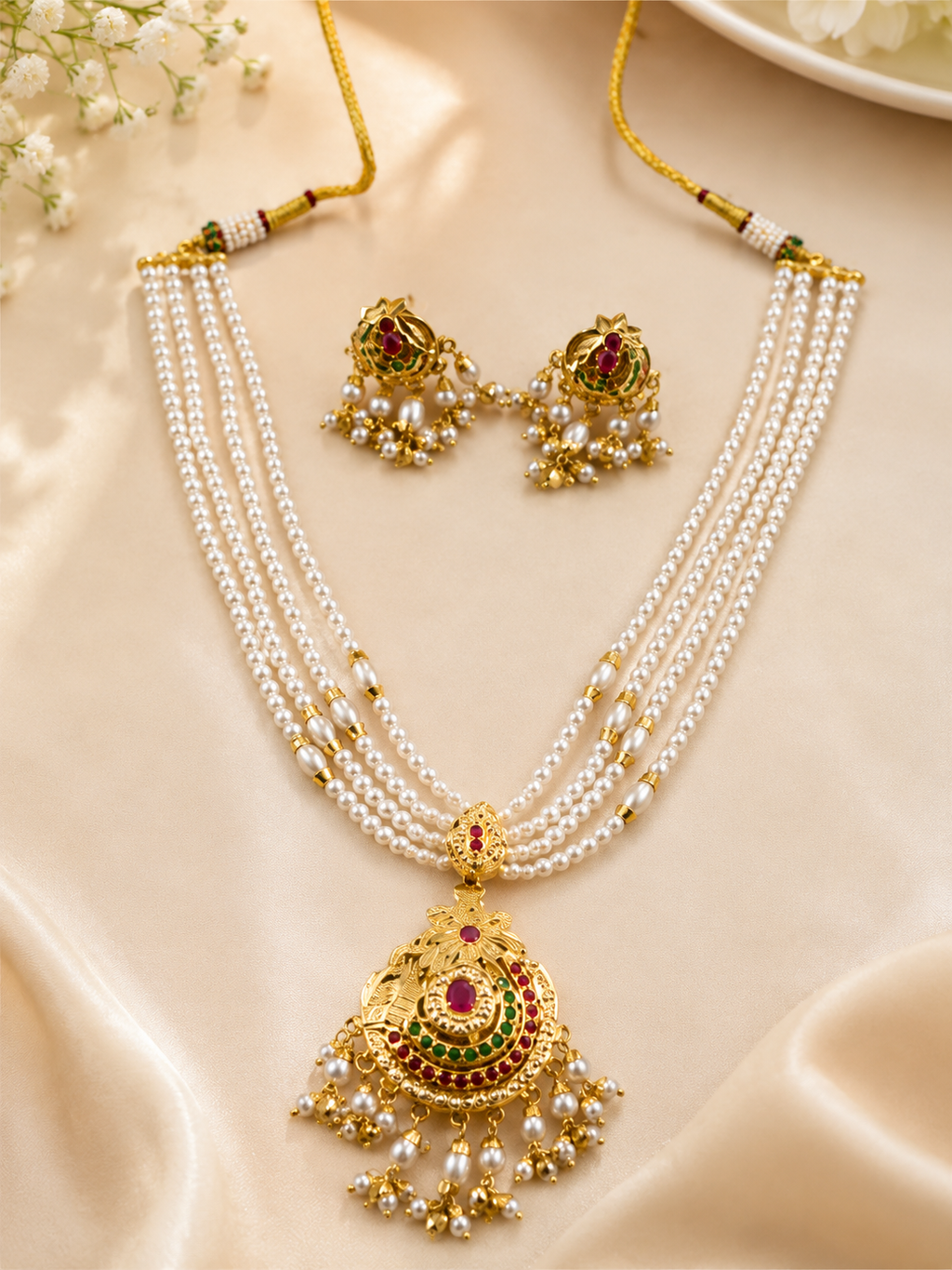 Handmade Jadau Pearl Choker Necklace Set | One Gram Gold Polish | Real Stone Jewellery