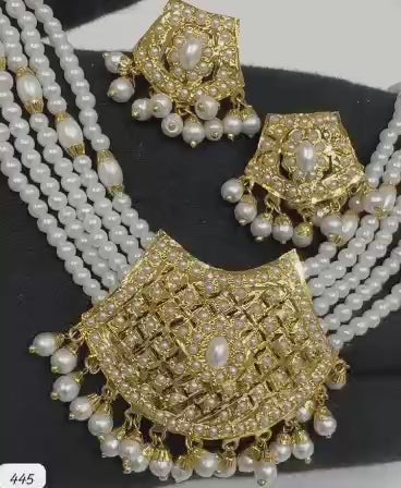 Gold-Tone Statement Necklace with Pearl Drops & Earrings
