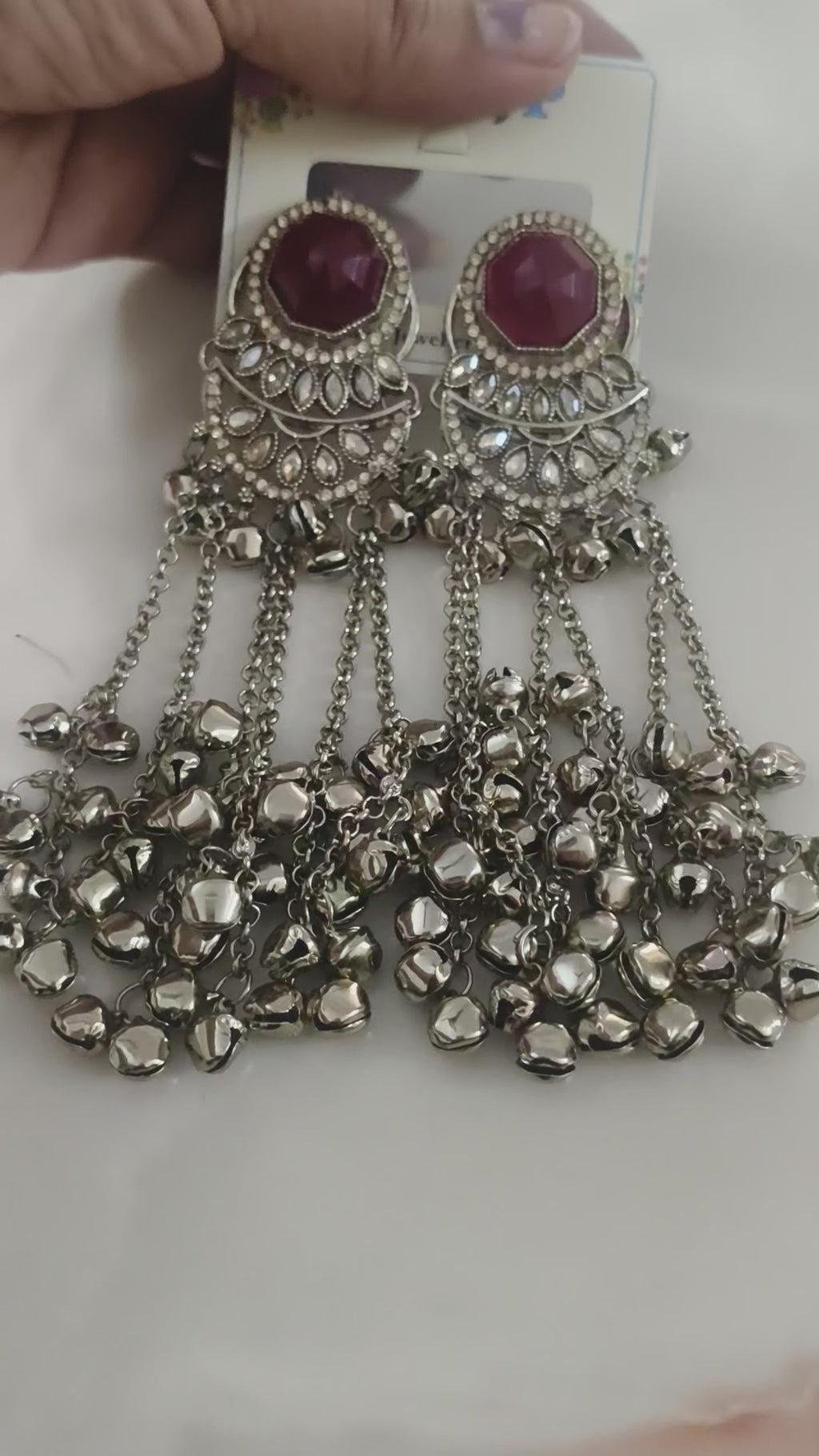 Antique Silver Ghungroo Statement Earrings – Maroon Stone Long Chandbali Earrings for Women