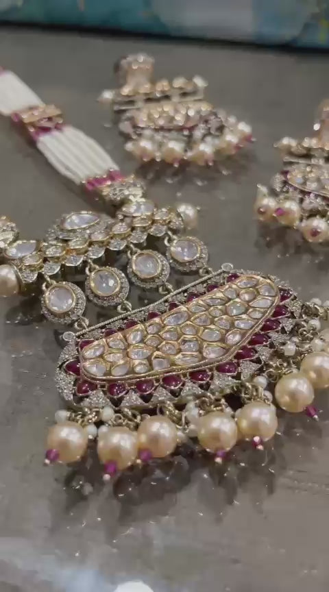Luxury Epoxy Polki Kundan Long Necklace Set with Pearl Beads & Statement Earrings