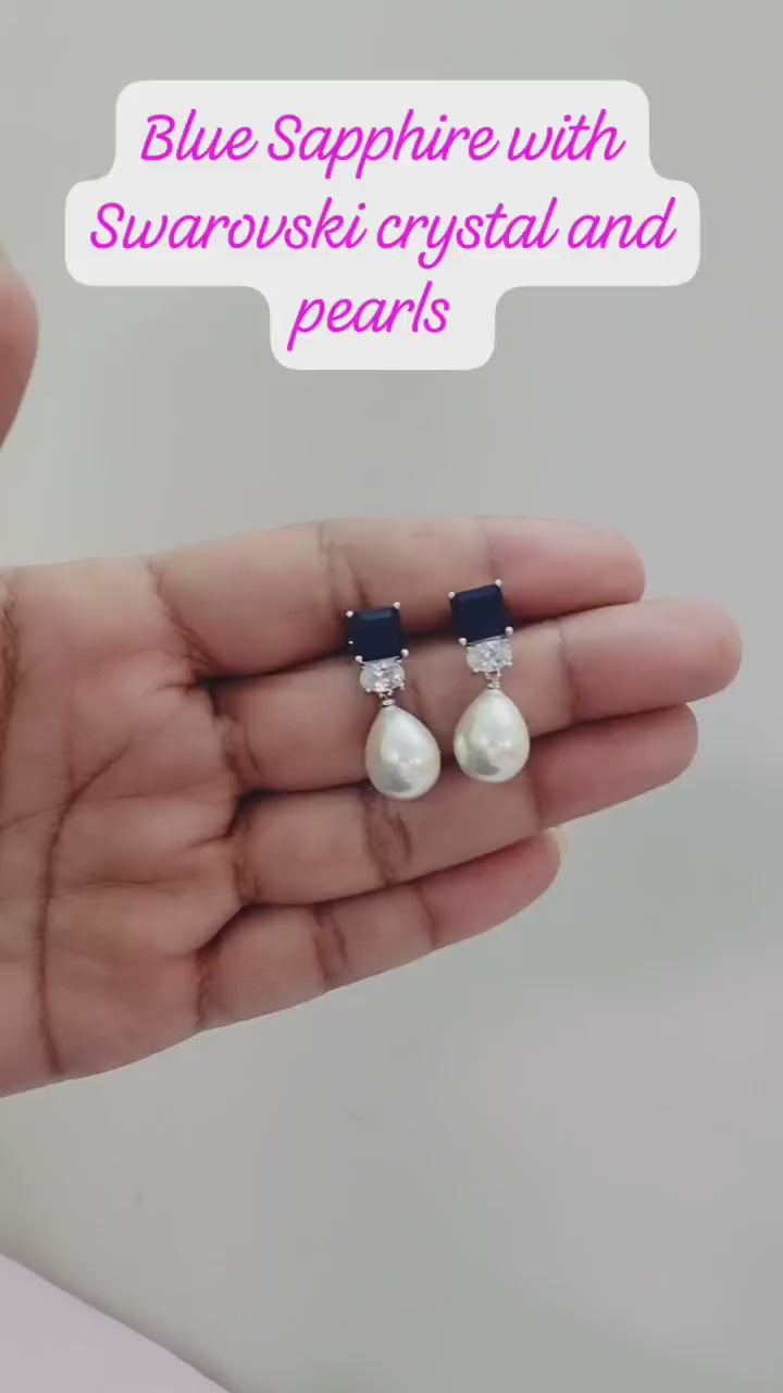 Blue Sapphire Crystal & Pearl Drop Earrings | Luxury Bridal & Party Wear Earrings