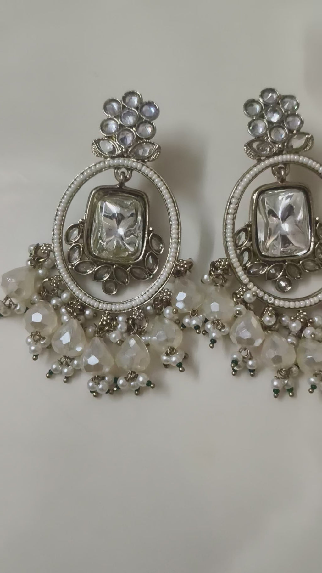 Silver Crystal Pearl Drop Earrings | Statement Ethnic Chandbali Earrings for Women