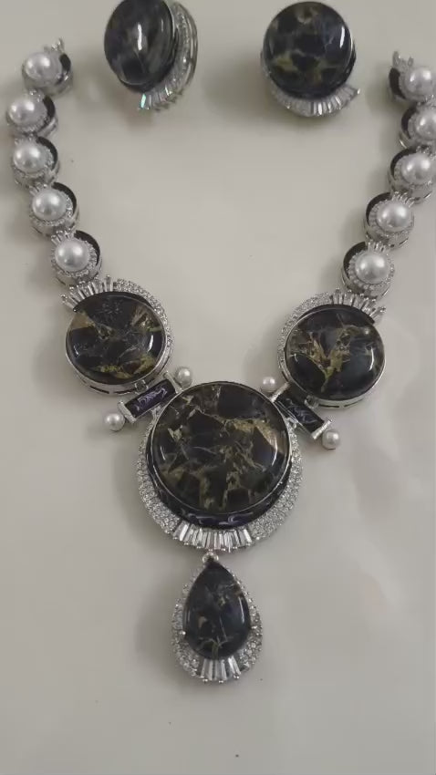 Black Marble Statement Necklace Set | Premium Pearl & Crystal Designer Jewellery