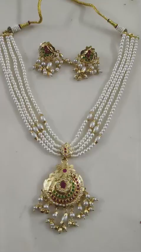 Handmade Jadau Pearl Choker Necklace Set | One Gram Gold Polish | Real Stone Jewellery