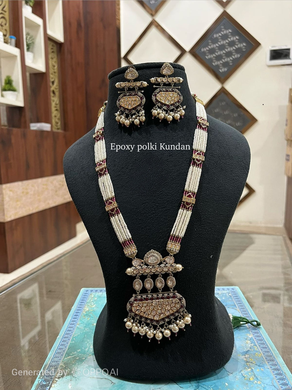 Luxury Epoxy Polki Kundan Long Necklace Set with Pearl Beads & Statement Earrings