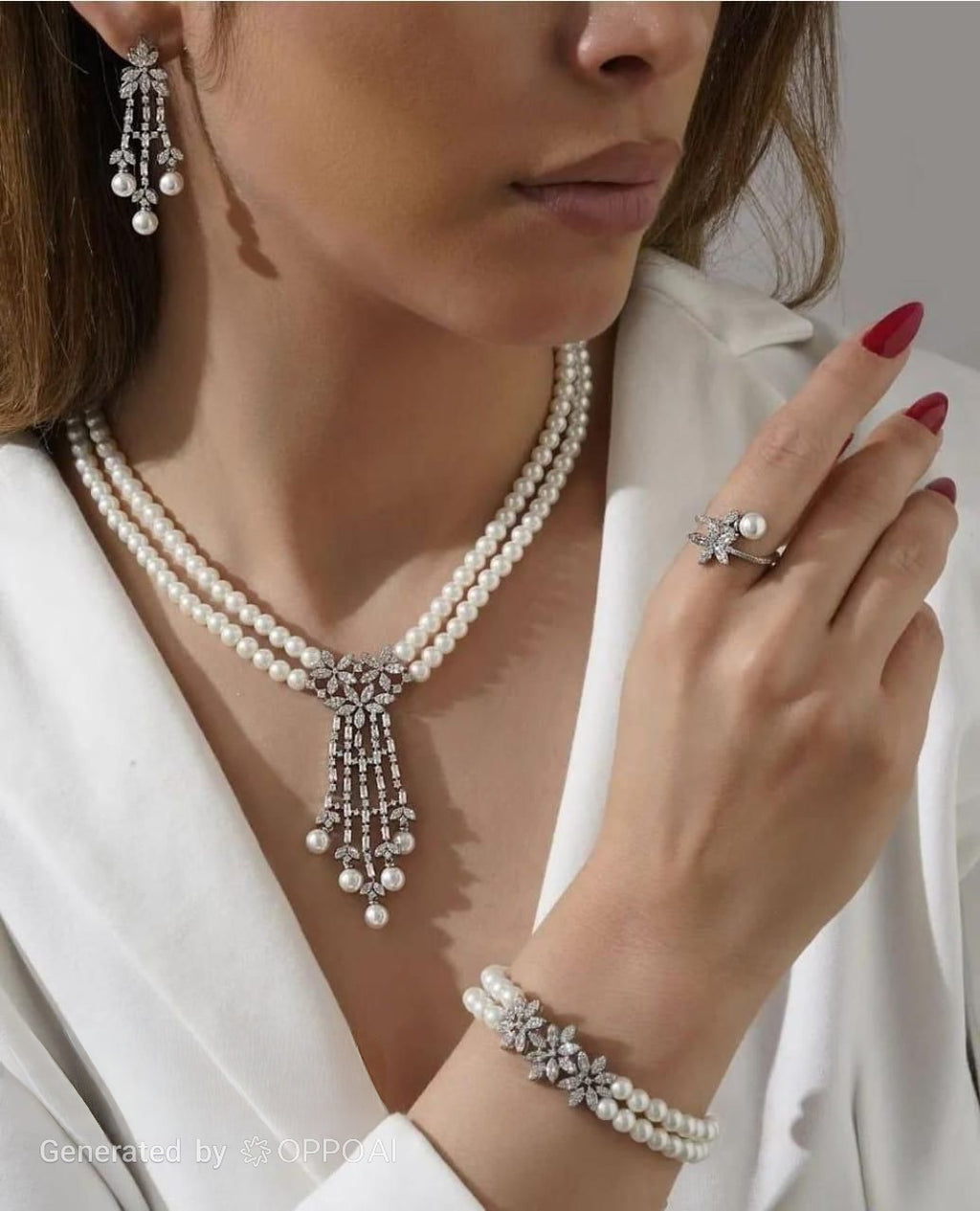 Pearl Crystal Necklace Set with Earrings & Ring | Revoria