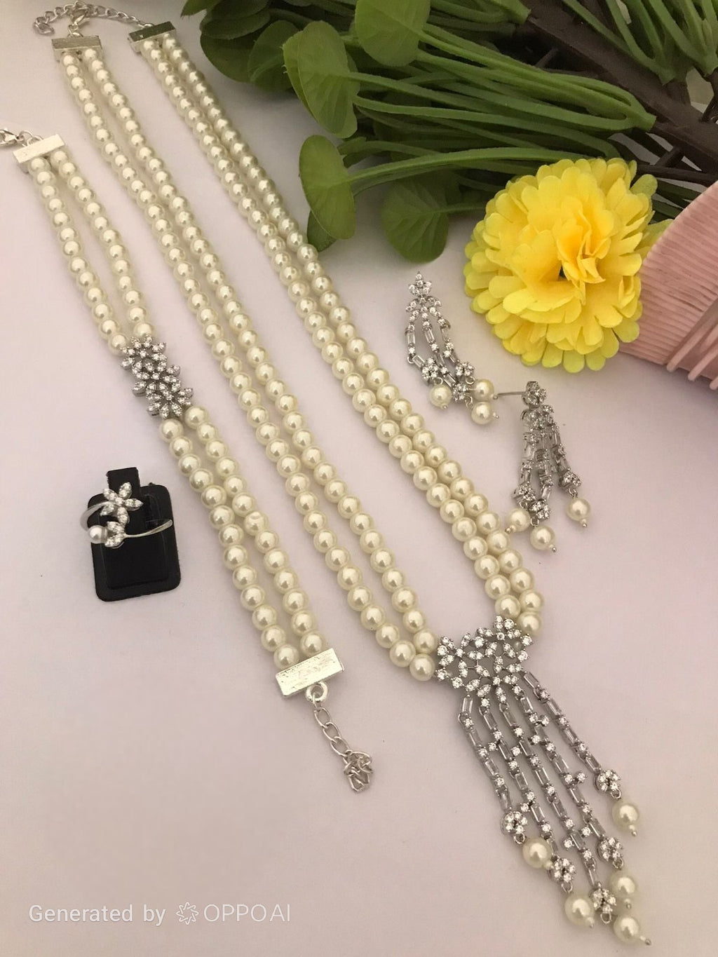Pearl Crystal Necklace Set with Earrings & Ring | Revoria