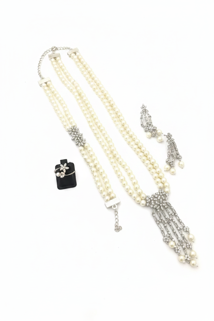 Pearl Crystal Necklace Set with Earrings & Ring | Revoria