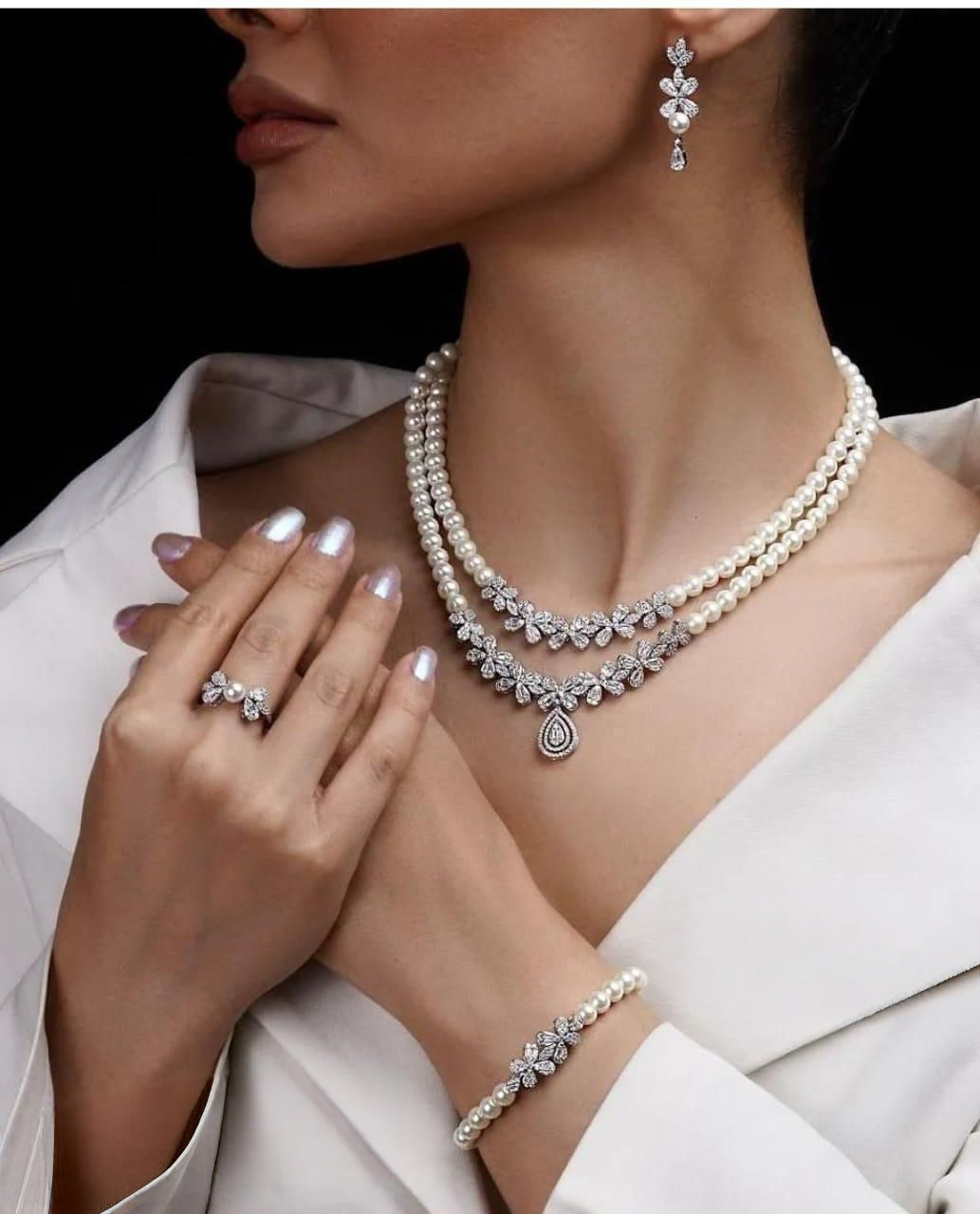 Luxury Pearl Crystal Jewellery Set with Necklace, Earrings, Ring & Bracelet
